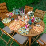 Realhomes 6+1 Turuncu Yeşil Renkli Suluboya Tasarımlı Dekoratif Püsküllü Runner ve Yuvarlak Servis Altlığı & Supla Seti Realhomes