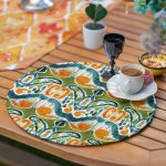 Realhomes 6+1 Turuncu Yeşil Renkli Suluboya Tasarımlı Dekoratif Püsküllü Runner ve Yuvarlak Servis Altlığı & Supla Seti Realhomes