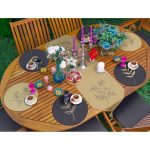 Realhomes 6+1 Lacivert Hardal Çiçek Figürlü Özel Tasarım Dekoratif Püsküllü Runner ve Yuvarlak Servis Altlığı & Supla Seti Realhomes