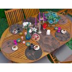 Realhomes 6+1 Koyu Temalı Tropik Yaprak Karahindiba Tasarımlı Püsküllü Runner ve Yuvarlak Servis Altlığı & Supla Seti Realhomes