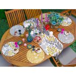 Realhomes 6+1 Sarı Gri Tropik Çiçekler Özel Tasarımlı Dekoratif Püsküllü Runner ve Yuvarlak Servis Altlığı & Supla Seti Realhomes