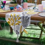 Realhomes 6+1 Sarı Gri Tropik Çiçekler Özel Tasarımlı Dekoratif Püsküllü Runner ve Yuvarlak Servis Altlığı & Supla Seti Realhomes