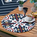 Realhomes 6+1 Lacivert Renkli Sanatsal Motifli Dijital Baskılı Püsküllü Runner ve Yuvarlak Servis Altlığı & Supla Seti Realhomes