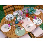 Realhomes 6+1 Onedraw Çiçek Tasarımlı Silüet Motifli Dekoratif Püsküllü Runner ve Yuvarlak Servis Altlığı & Supla Seti Realhomes