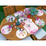 - SuplaRunnerSetRyl39-Gorsel-1 - Realhomes  Realhomes 6+1 Pembe Temalı Flamingo Tasarımlı Dijital Baskılı Modern Püsküllü Runner ve Yuvarlak Servis Altlığı & Supla Seti Realhomes