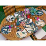 Realhomes 6+1 Suluboya Temalı Tropik Yaprak Tasarımlı Dijital Baskılı Püsküllü Runner ve Yuvarlak Servis Altlığı & Supla Seti Realhomes