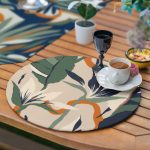 Realhomes 6+1 Suluboya Temalı Tropik Yaprak Tasarımlı Dijital Baskılı Püsküllü Runner ve Yuvarlak Servis Altlığı & Supla Seti Realhomes