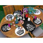 Realhomes 6+1 Siyah Beyaz Temalı Kral Tacı Tasarımlı Dijital Baskılı Püsküllü Runner ve Yuvarlak Servis Altlığı & Supla Seti Realhomes