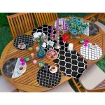 Realhomes 6+1 Siyah Beyaz Ogea Motifli Mermer Tasarımlı Püsküllü Runner ve Yuvarlak Servis Altlığı & Supla Seti Realhomes