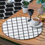 Realhomes 6+1 Siyah Beyaz Ogea Motifli Mermer Tasarımlı Püsküllü Runner ve Yuvarlak Servis Altlığı & Supla Seti Realhomes