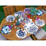 Realhomes 6+1 Mavi Çini Motifli Dijital Baskılı Dekoratif Püsküllü Runner ve Yuvarlak Servis Altlığı & Supla Seti Realhomes