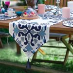 Realhomes 6+1 Mavi Çini Motifli Dijital Baskılı Dekoratif Püsküllü Runner ve Yuvarlak Servis Altlığı & Supla Seti Realhomes