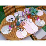 Realhomes 6+1 Pembe Gri Ogea Motifli Dijital Baskılı Dekoratif Püsküllü Runner ve Yuvarlak Servis Altlığı & Supla Seti Realhomes