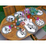 Realhomes 6+1 Siyah Beyaz Damalı Zebra ve Geyik Tasarımlı Dekoratif Püsküllü Runner ve Yuvarlak Servis Altlığı & Supla Seti Realhomes