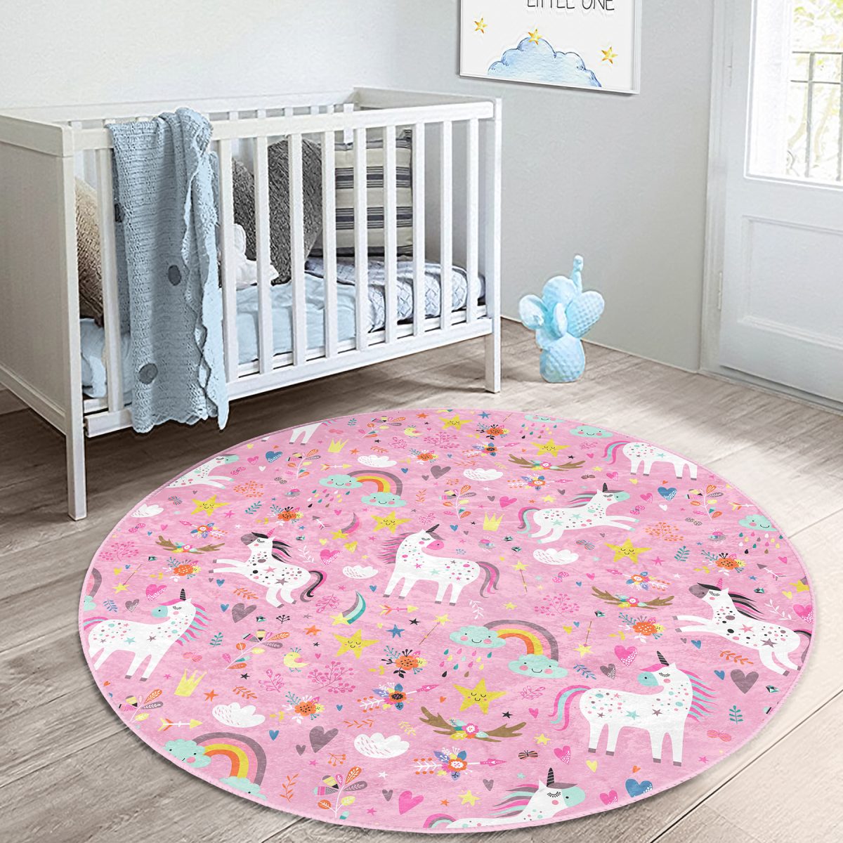 Pembe Zeminli Unicorn Motifli Çocuk & Genç Odası Makinede Yıkanabilir Kaymaz Tabanlı Yuvarlak Çocuk Halısı Realhomes