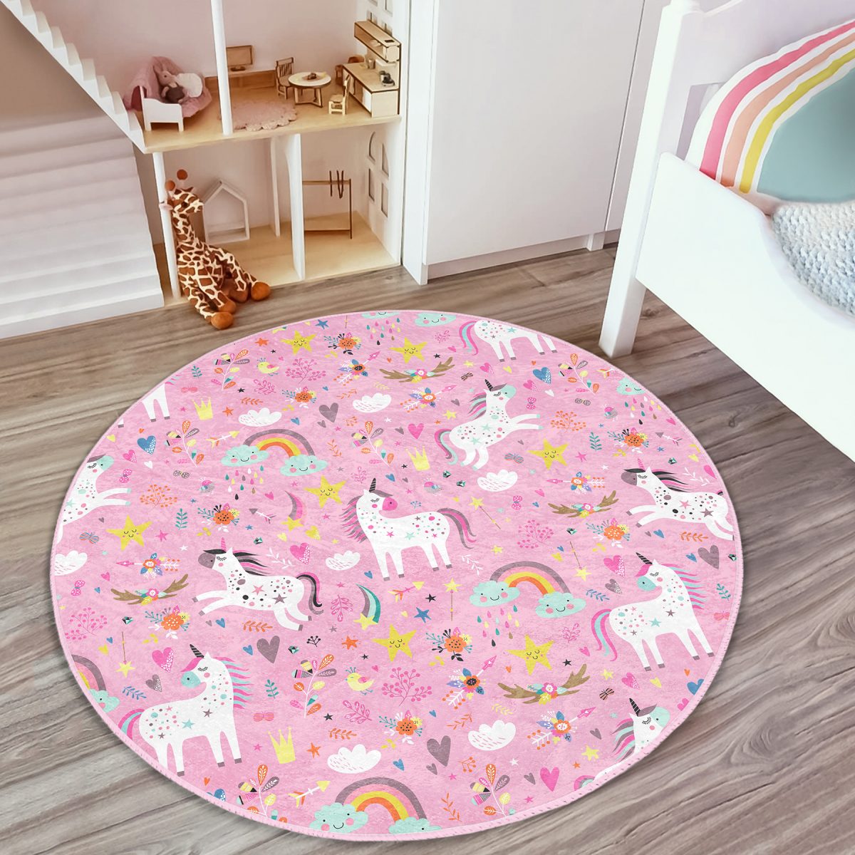 Pembe Zeminli Unicorn Motifli Çocuk & Genç Odası Makinede Yıkanabilir Kaymaz Tabanlı Yuvarlak Çocuk Halısı Realhomes