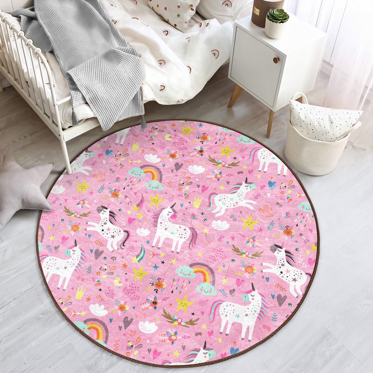 Pembe Zeminli Unicorn Motifli Çocuk & Genç Odası Makinede Yıkanabilir Kaymaz Tabanlı Yuvarlak Çocuk Halısı Realhomes