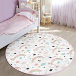 - RealHomes Dijital Baskılı Kaymaz Tabanlı Comfort Çocuk Odası Yuvarlak Halı - Realhomes Gökkuşağı Ve Kelebek Motifli Çocuk & Genç Odası Makinede Yıkanabilir Kaymaz Tabanlı Yuvarlak Çocuk Halısı Realhomes