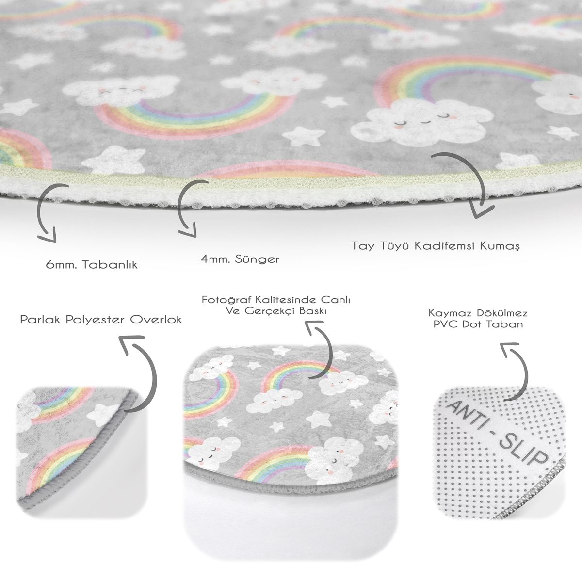 Gri Zeminde Gökkuşağı Tasarımlı Çocuk & Genç Odası Makinede Yıkanabilir Kaymaz Tabanlı Yuvarlak Çocuk Halısı Realhomes