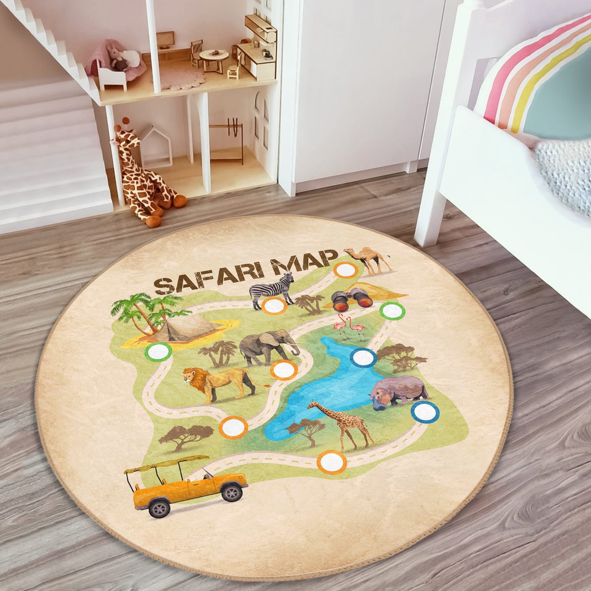 Safari Haritası Hayvanlar Tasarımlı Çocuk & Genç Odası Makinede Yıkanabilir Kaymaz Tabanlı Yuvarlak Çocuk Oyun Halısı Realhomes