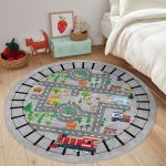 - RealHomes Dijital Baskılı Kaymaz Tabanlı Comfort Çocuk Odası Yuvarlak Halı - Realhomes  Tren Yolu Araba Oyun Tasarımlı Çocuk & Genç Odası Makinede Yıkanabilir Kaymaz Tabanlı Yuvarlak Çocuk Oyun Halısı Realhomes