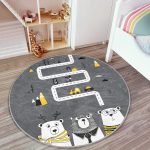 Sevimli Ayılar Siyah Beyaz Eğitici Yol Tasarımlı Çocuk & Genç Odası Makinede Yıkanabilir Kaymaz Tabanlı Yuvarlak Çocuk Oyun Halısı Realhomes