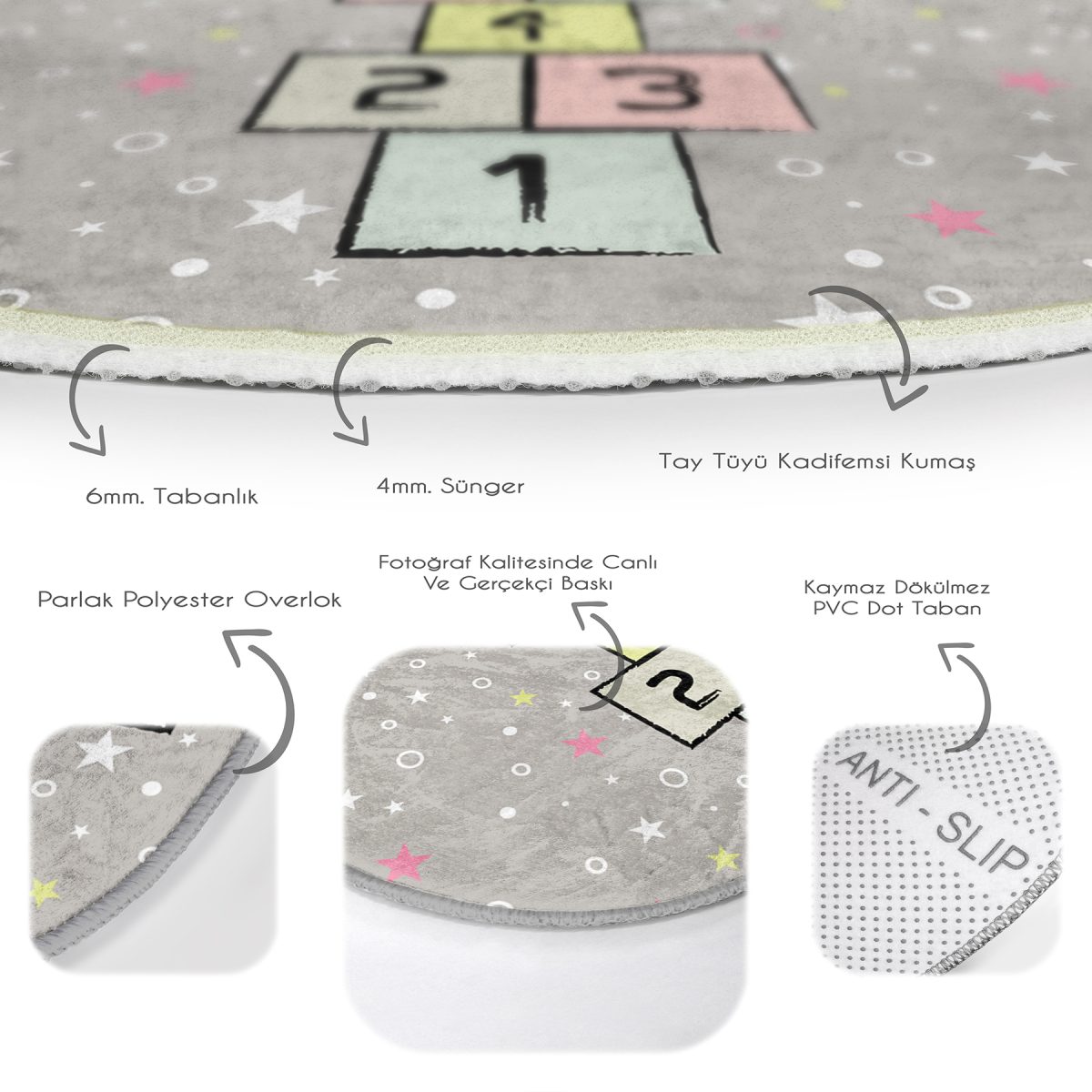 Gri Zemin Renkli Seksek Motifli Çocuk & Genç Odası Makinede Yıkanabilir Kaymaz Tabanlı Yuvarlak Çocuk Oyun Halısı Realhomes