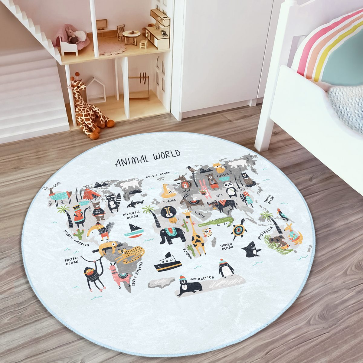 Hayvanların Dünyası Eğitici Tasarımlı Çocuk & Genç Odası Makinede Yıkanabilir Kaymaz Tabanlı Yuvarlak Çocuk Oyun Halısı Realhomes