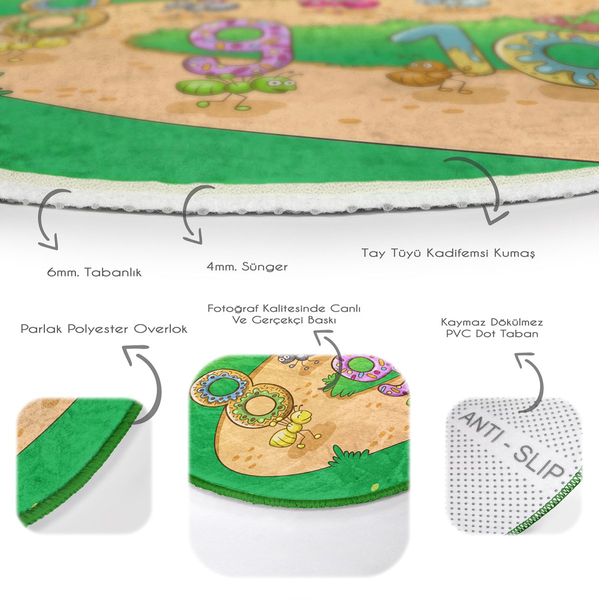 Eğitici Sayılar Çalışkan Karıncalar Tasarımlı Çocuk & Genç Odası Makinede Yıkanabilir Kaymaz Tabanlı Yuvarlak Çocuk Oyun Halısı Realhomes