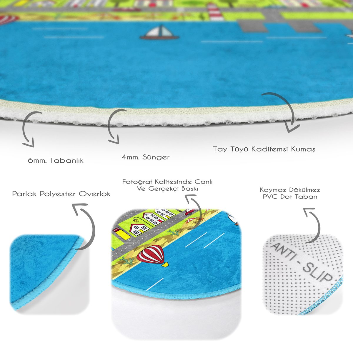 Mahalle Yolları Öğretici Oyun Tasarımlı Çocuk & Genç Odası Makinede Yıkanabilir Kaymaz Tabanlı Yuvarlak Çocuk Oyun Halısı Realhomes