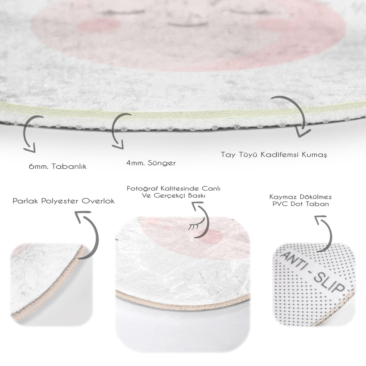 Pembe Ay Sevimli Fil Tasarımlı Çocuk & Genç Odası Makinede Yıkanabilir Kaymaz Tabanlı Yuvarlak Çocuk Halısı Realhomes