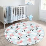 Balonlu Panda Tasarımlı Çocuk & Genç Odası Makinede Yıkanabilir Kaymaz Tabanlı Yuvarlak Çocuk Halısı Realhomes