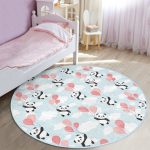 Balonlu Panda Tasarımlı Çocuk & Genç Odası Makinede Yıkanabilir Kaymaz Tabanlı Yuvarlak Çocuk Halısı Realhomes