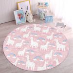 Pembe Zeminde Lama Ve Gök Kuşağı Çocuk & Genç Odası Makinede Yıkanabilir Kaymaz Tabanlı Yuvarlak Çocuk Halısı Realhomes