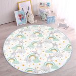 - RealHomes Dijital Baskılı Kaymaz Tabanlı Comfort Çocuk Odası Yuvarlak Halı - Realhomes  Gökkuşağı Üzerinde Tavşan Motifli Çocuk & Genç Odası Makinede Yıkanabilir Kaymaz Tabanlı Yuvarlak Çocuk Halısı Realhomes
