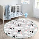 Gökkuşağı Ve Panda Desenli Çocuk & Genç Odası Makinede Yıkanabilir Kaymaz Tabanlı Yuvarlak Çocuk Halısı Realhomes