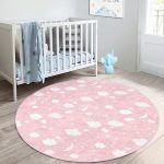 - RealHomes Dijital Baskılı Kaymaz Tabanlı Comfort Çocuk Odası Yuvarlak Halı - Realhomes  Pembe Zeminde Beyaz Bulutlar Çocuk & Genç Odası Makinede Yıkanabilir Kaymaz Tabanlı Yuvarlak Çocuk Halısı Realhomes