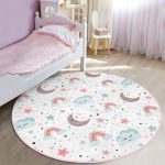 - RealHomes Dijital Baskılı Kaymaz Tabanlı Comfort Çocuk Odası Yuvarlak Halı - Realhomes  Ay Gökkuşağı Ve Yıldız Desenli Çocuk & Genç Odası Makinede Yıkanabilir Kaymaz Tabanlı Yuvarlak Çocuk Halısı Realhomes