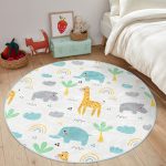 - RealHomes Dijital Baskılı Kaymaz Tabanlı Comfort Çocuk Odası Yuvarlak Halı - Realhomes  Zürafa Fil Temalı Çocuk & Genç Odası Makinede Yıkanabilir Kaymaz Tabanlı Yuvarlak Çocuk Halısı Realhomes