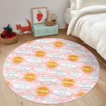 Pembe Zeminde Güneş Ve Bulut Motifli Çocuk & Genç Odası Makinede Yıkanabilir Kaymaz Tabanlı Yuvarlak Çocuk Halısı Realhomes