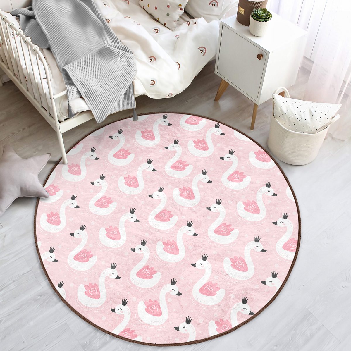 Pembe Zeminde Kuğu Motifli Çocuk & Genç Odası Makinede Yıkanabilir Kaymaz Tabanlı Yuvarlak Çocuk Halısı Realhomes