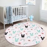 Uyku Odası Temalı Tavşan Desenli Çocuk & Genç Odası Makinede Yıkanabilir Kaymaz Tabanlı Yuvarlak Çocuk Halısı Realhomes