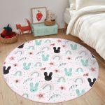Uyku Odası Temalı Tavşan Desenli Çocuk & Genç Odası Makinede Yıkanabilir Kaymaz Tabanlı Yuvarlak Çocuk Halısı Realhomes
