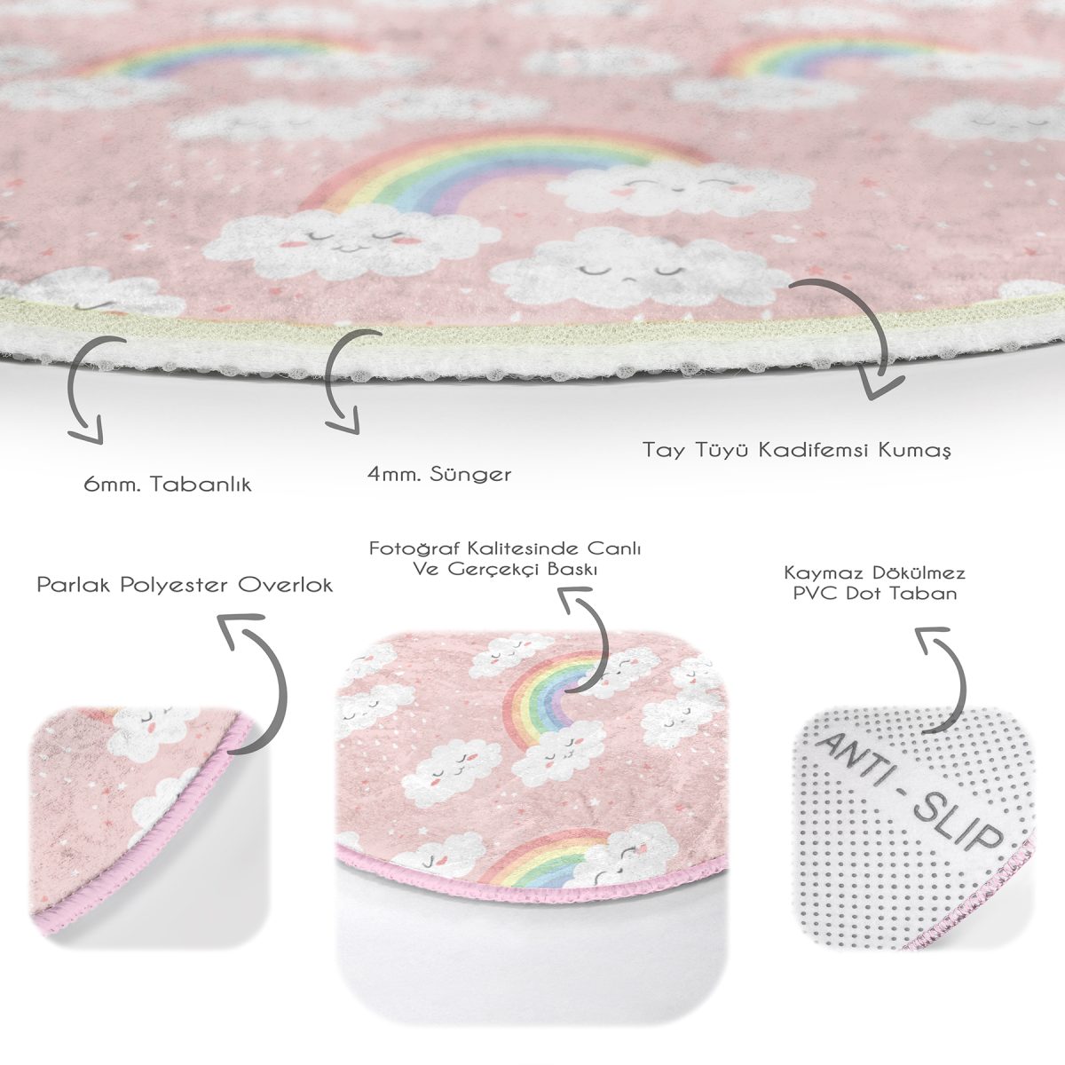 Gökkuşağı Ve Bulut Motifli Çocuk & Genç Odası Makinede Yıkanabilir Kaymaz Tabanlı Yuvarlak Çocuk Halısı Realhomes