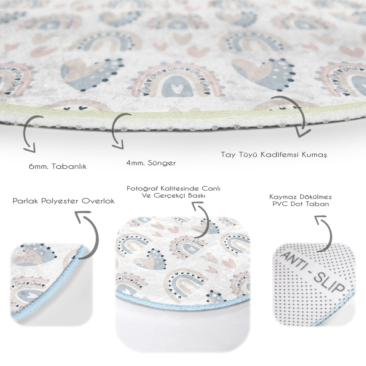 Gökkuşağı Ve Kalp Desenli Çocuk & Genç Odası Makinede Yıkanabilir Kaymaz Tabanlı Yuvarlak Çocuk Halısı Realhomes