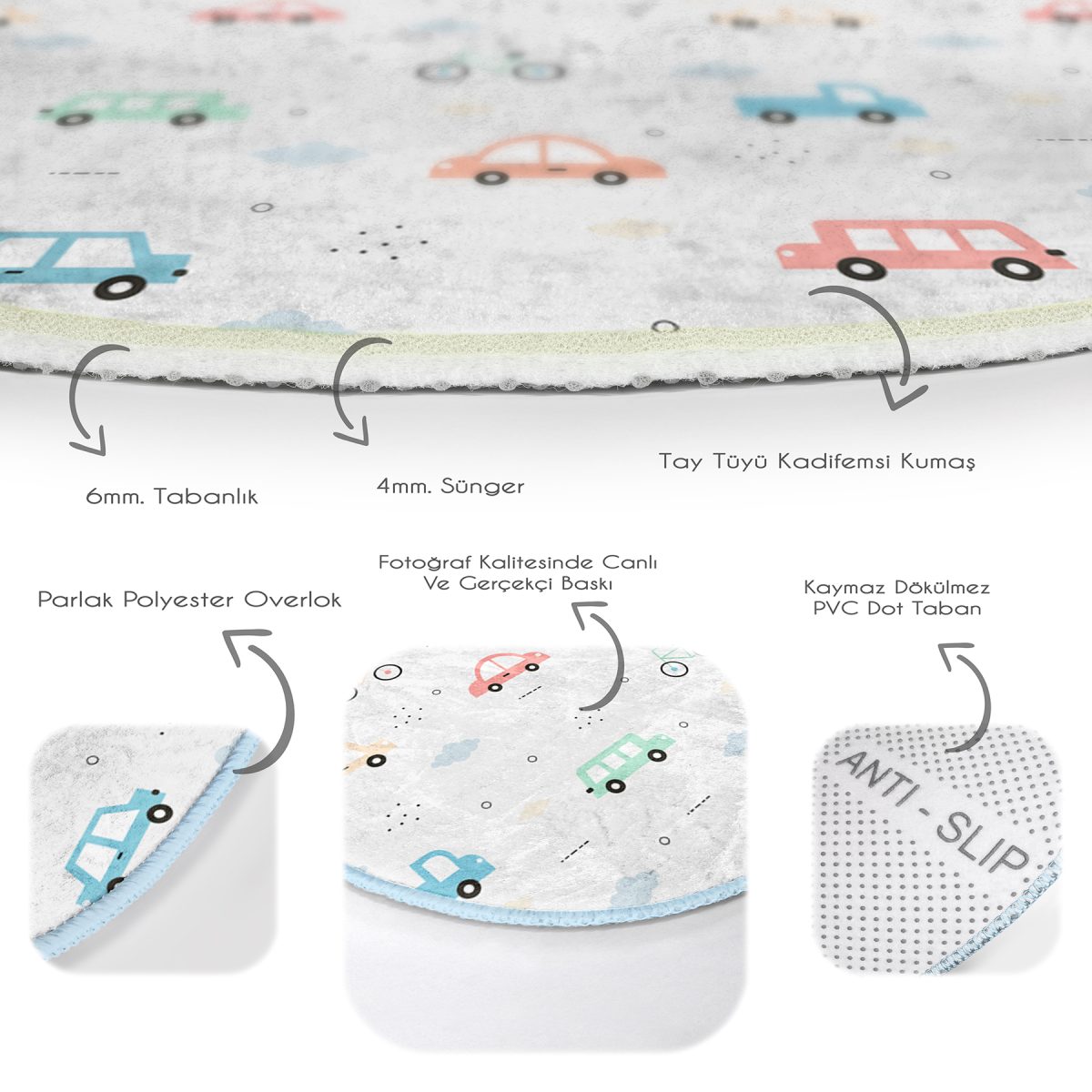 Rengarenk Araba Ve Bisiklet Motifli Çocuk & Genç Odası Makinede Yıkanabilir Kaymaz Tabanlı Yuvarlak Çocuk Halısı Realhomes
