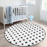 Beyaz Zemin Siyah Yıldız Motifli Çocuk & Genç Odası Makinede Yıkanabilir Kaymaz Tabanlı Yuvarlak Çocuk Halısı Realhomes