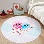 Baykuş Resimli Çocuk & Genç Odası Makinede Yıkanabilir Kaymaz Tabanlı Yuvarlak Çocuk Halısı Realhomes