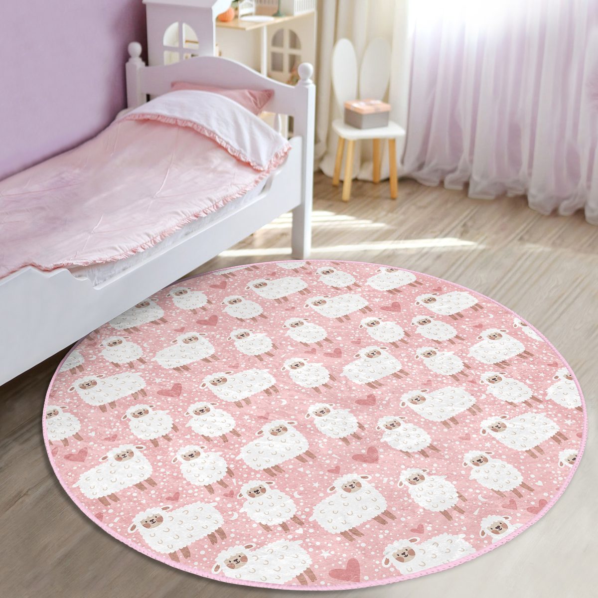 Pembe Zeminde Koyun Desenli Çocuk & Genç Odası Makinede Yıkanabilir Kaymaz Tabanlı Yuvarlak Çocuk Halısı Realhomes