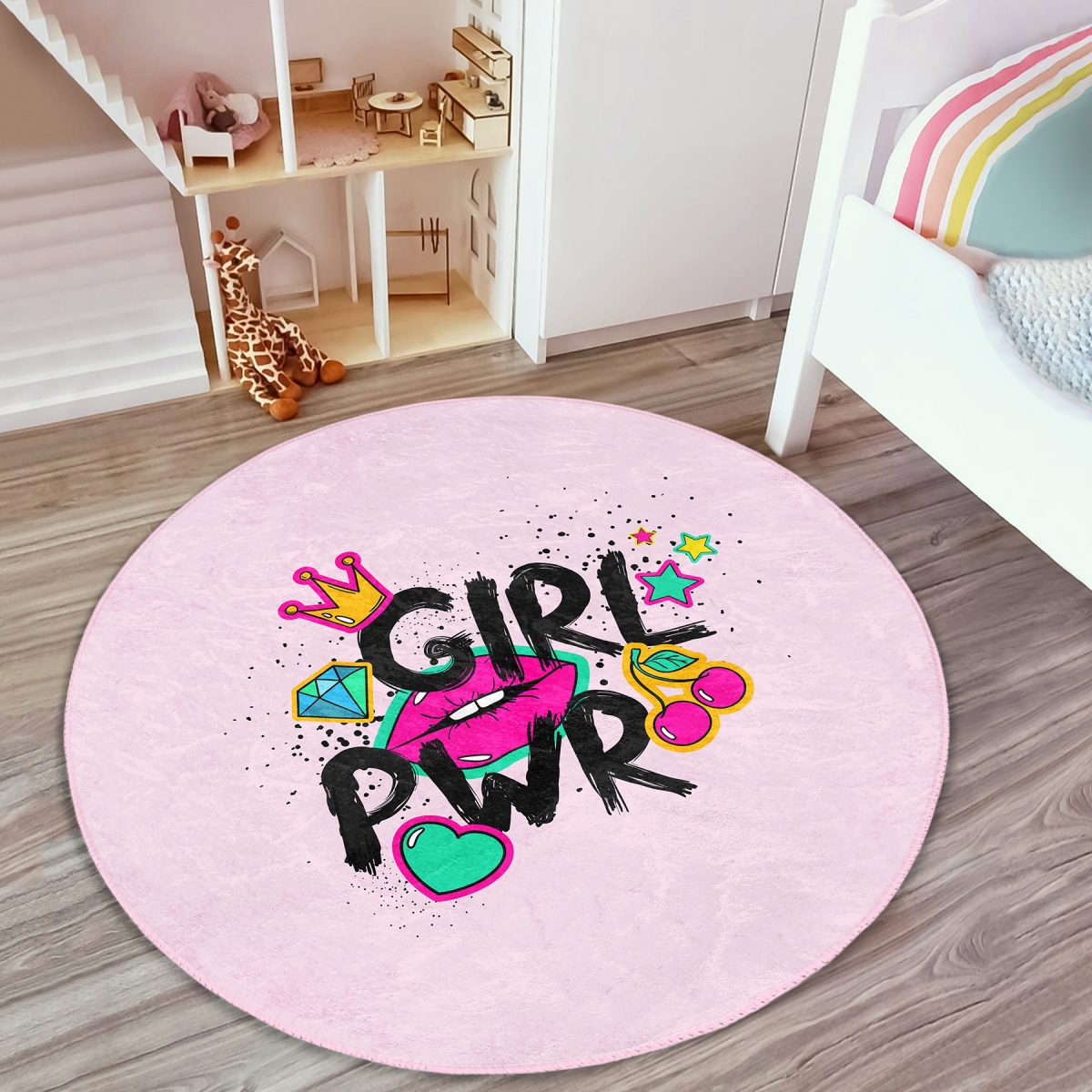 Dudak Girl Power Çocuk & Genç Odası Makinede Yıkanabilir Kaymaz Tabanlı Yuvarlak Çocuk Halısı Realhomes
